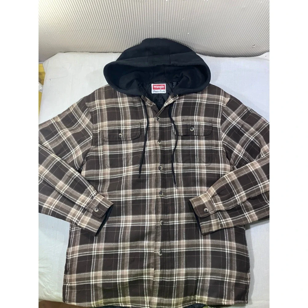 Wrangler Men's Plaid Flannel‎ Lined Hooded Shirt Jacket Brown Tan Size M